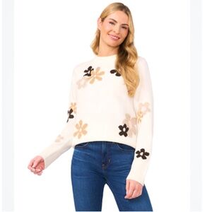 CeCe Cream Daisy Print Cozy Sweater with Floral Accents Cottagecore